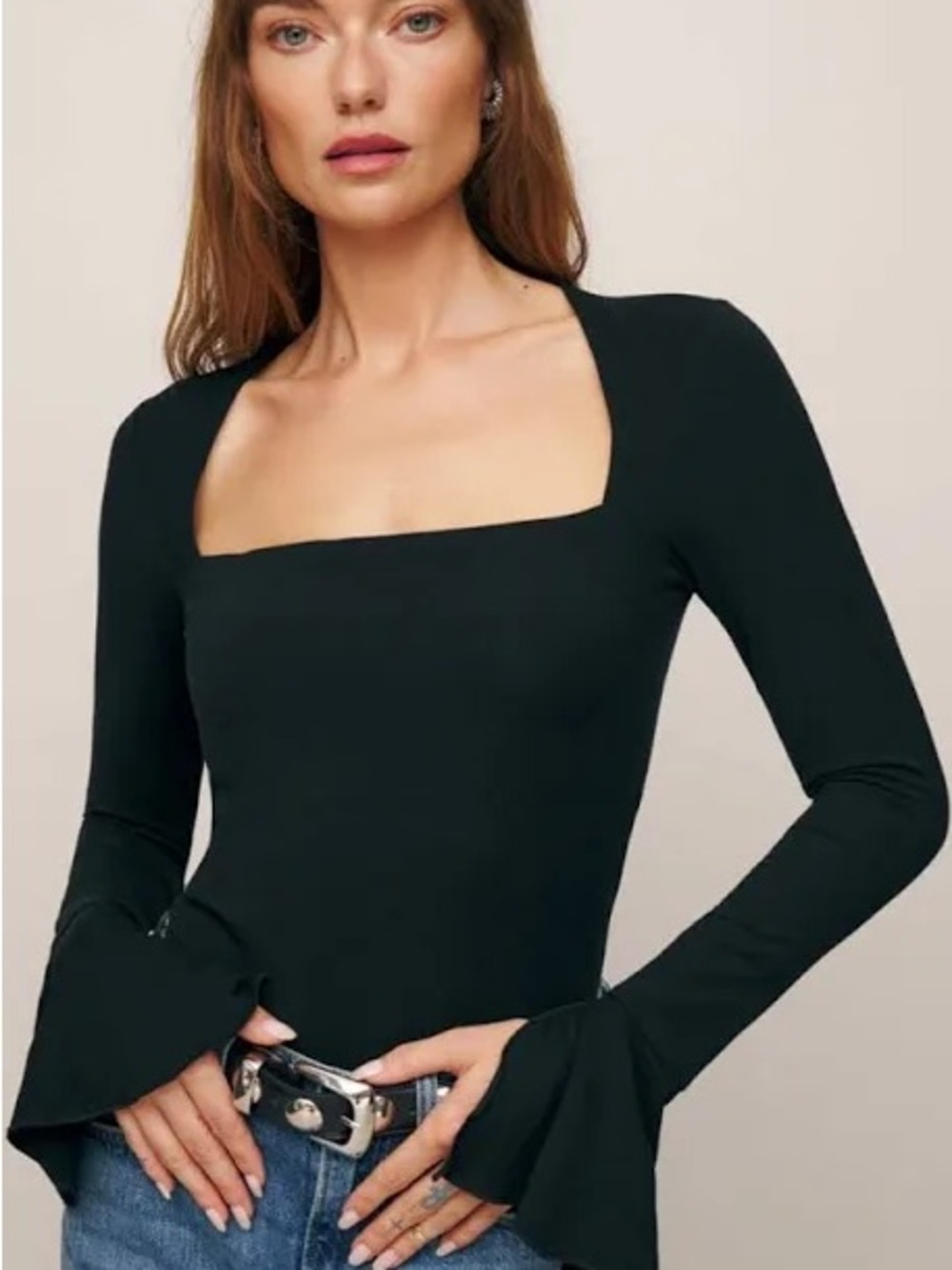 Lucca Top Square Neck Black Long-Sleeve Top with Flared Cuffs